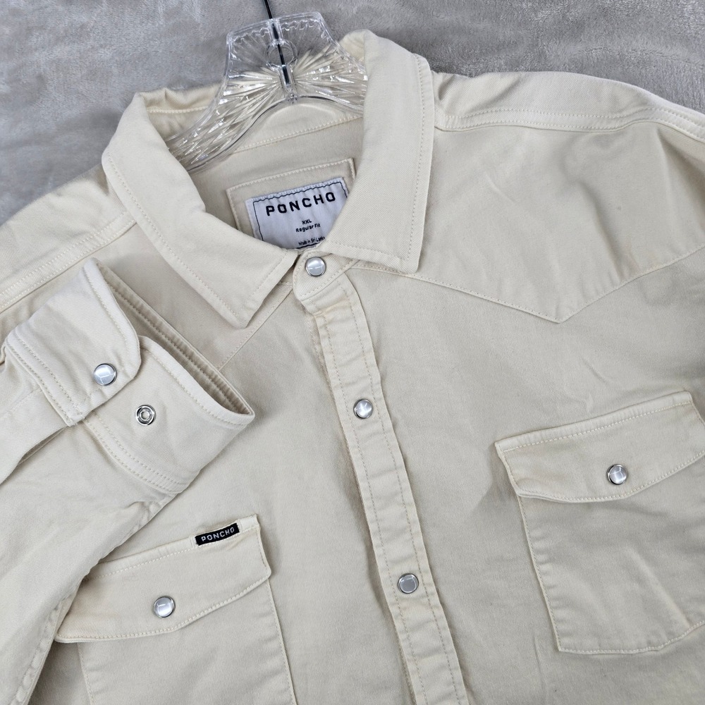 Poncho Western Denim Shirt Men XXL Cream Pearl Snap Regular Fit Long Sleeve